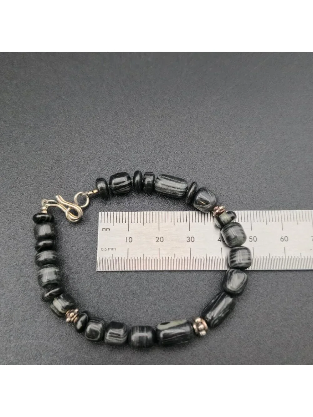 7 Inch Sterling Silver Black Striped Agate Gemstone Beaded Bracelet B1460